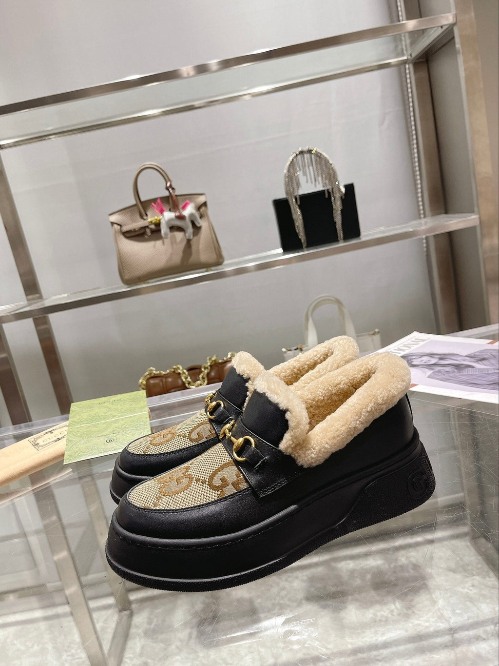 GG Snow Boots Black Calfskin Denim Wool 576248
