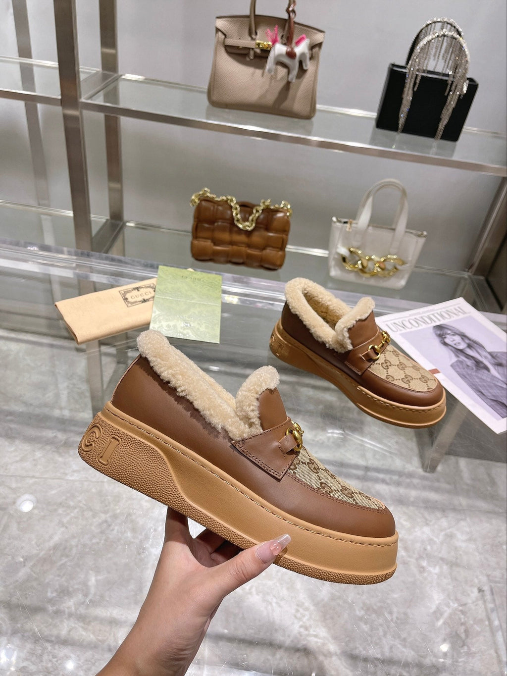 GG Snow Boots Brown Calfskin Denim Wool 576249