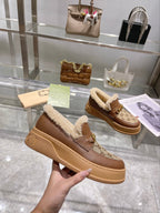 GG Snow Boots Brown Calfskin Denim Wool 576249