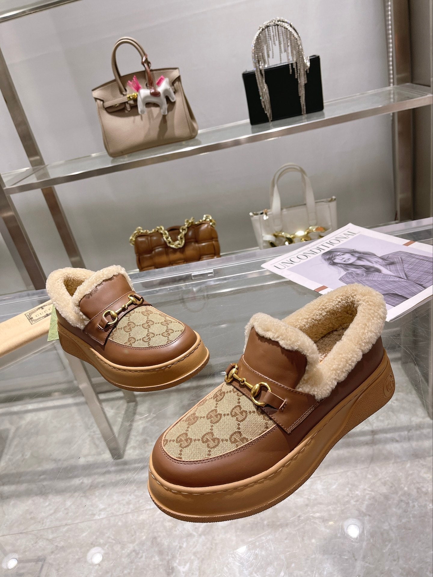GG Snow Boots Brown Calfskin Denim Wool 576249