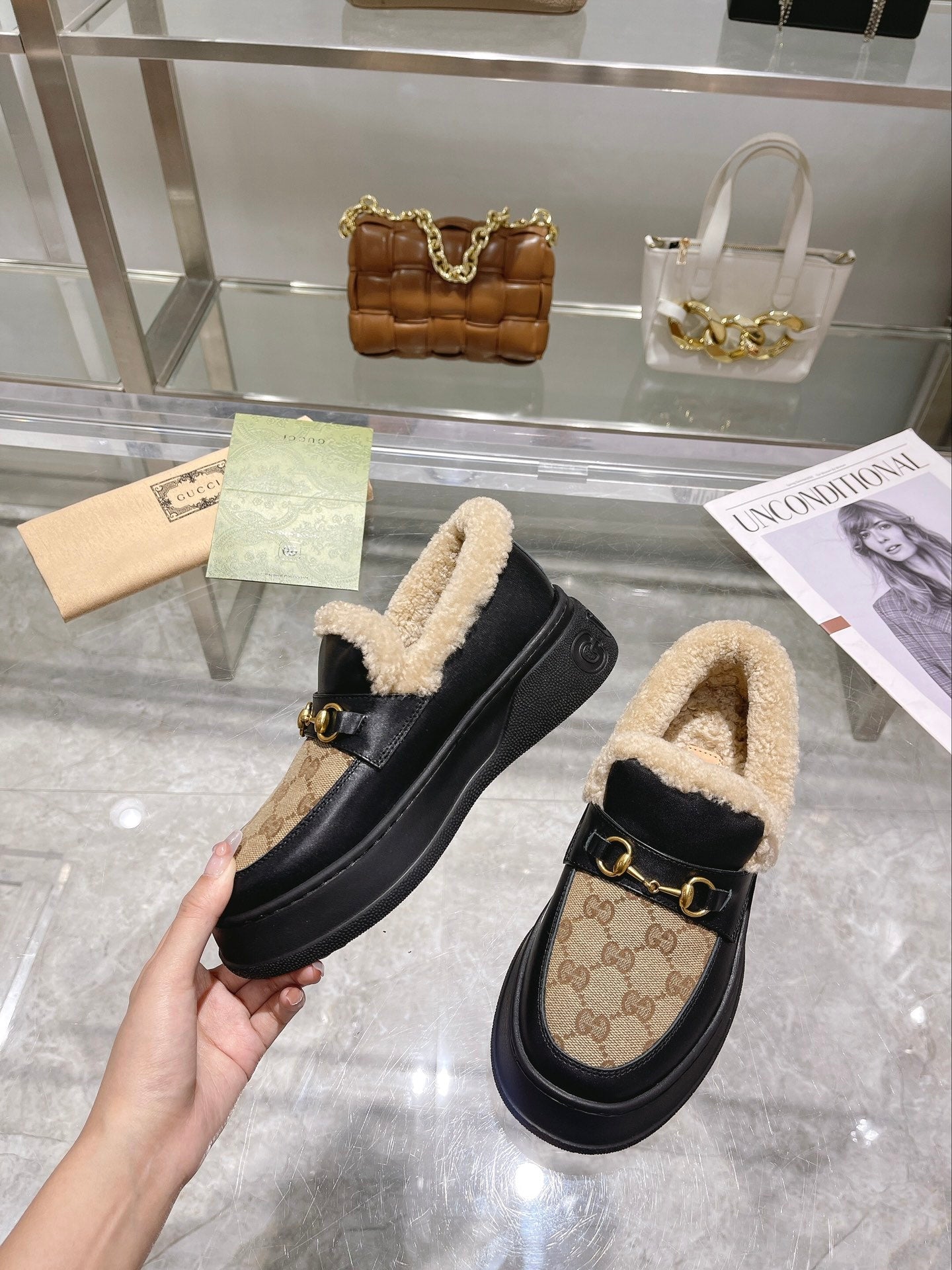 GG Snow Boots Black Beige Calfskin Denim Wool 576250