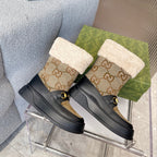 Gucci 2025 Monogram Boot Black Beige Wool Canvas Calfskin 564685