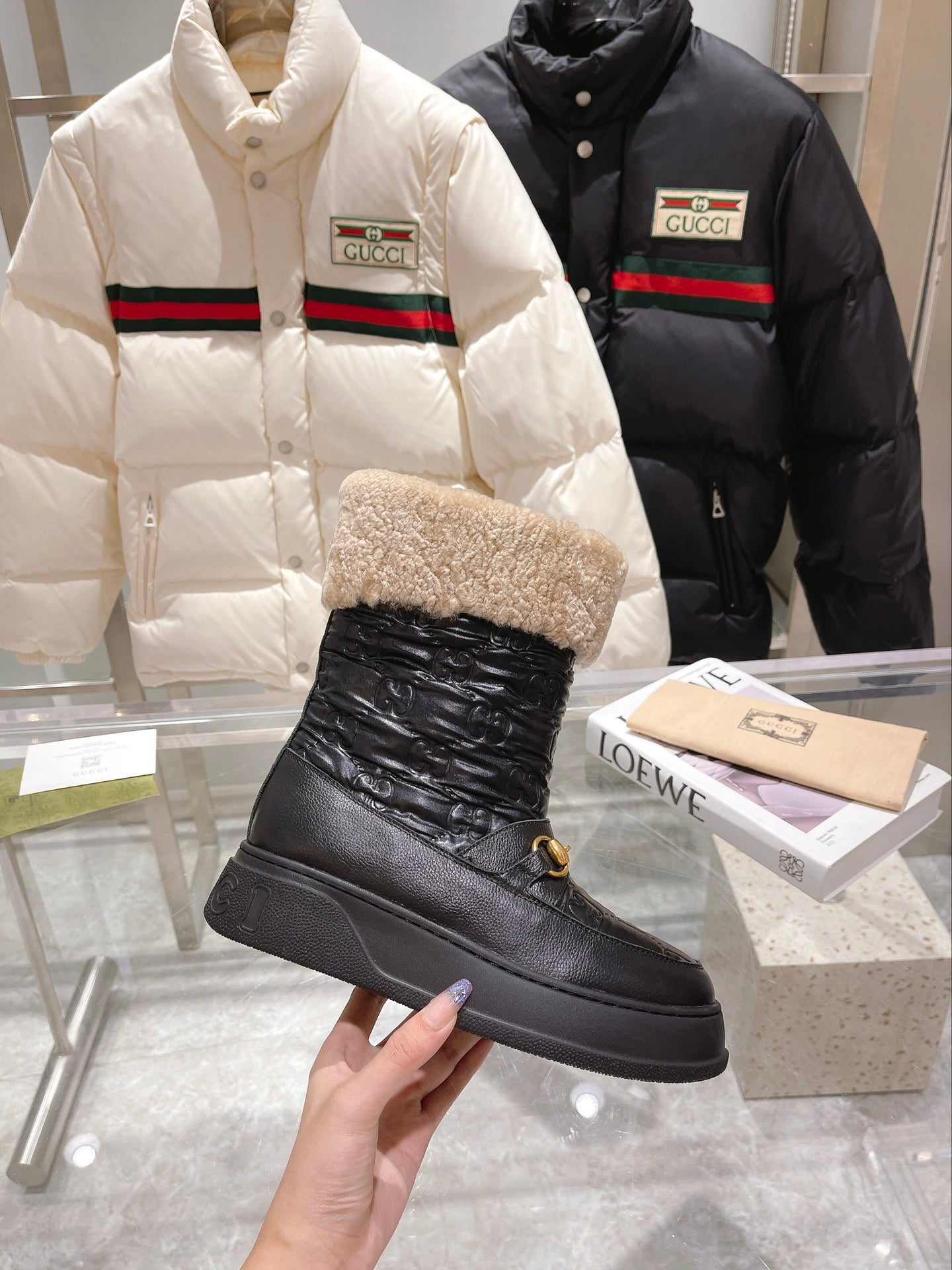 Gucci 2025 Monogram Boot Black Beige Wool Calfskin 564686