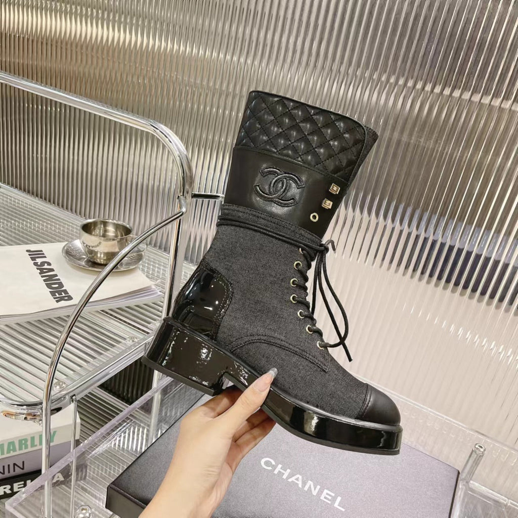 CC High Boots 45mm Black Denim Fabric And Quilted Cowhide