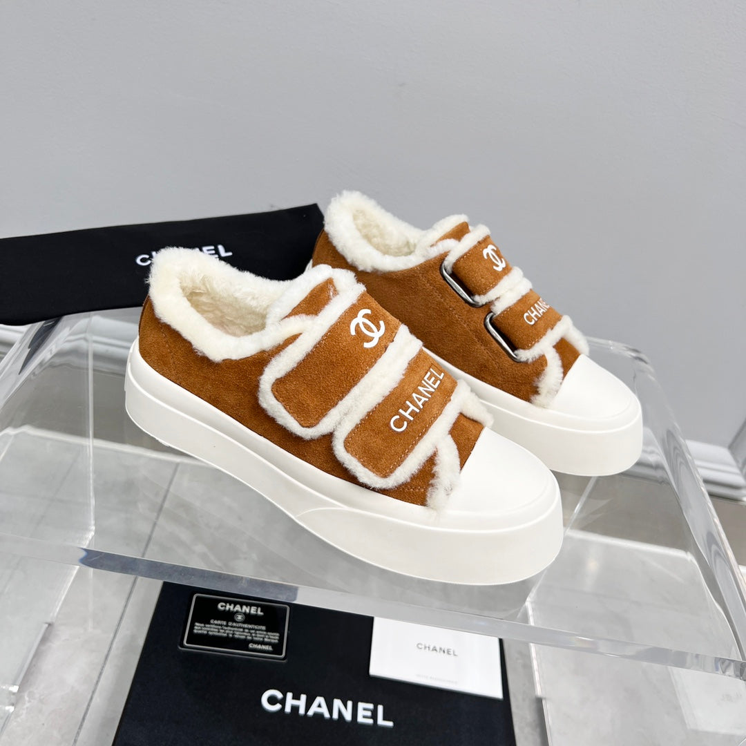 CC Sneaker Thick-Soled White Brown Suede Wool Lining Fleece