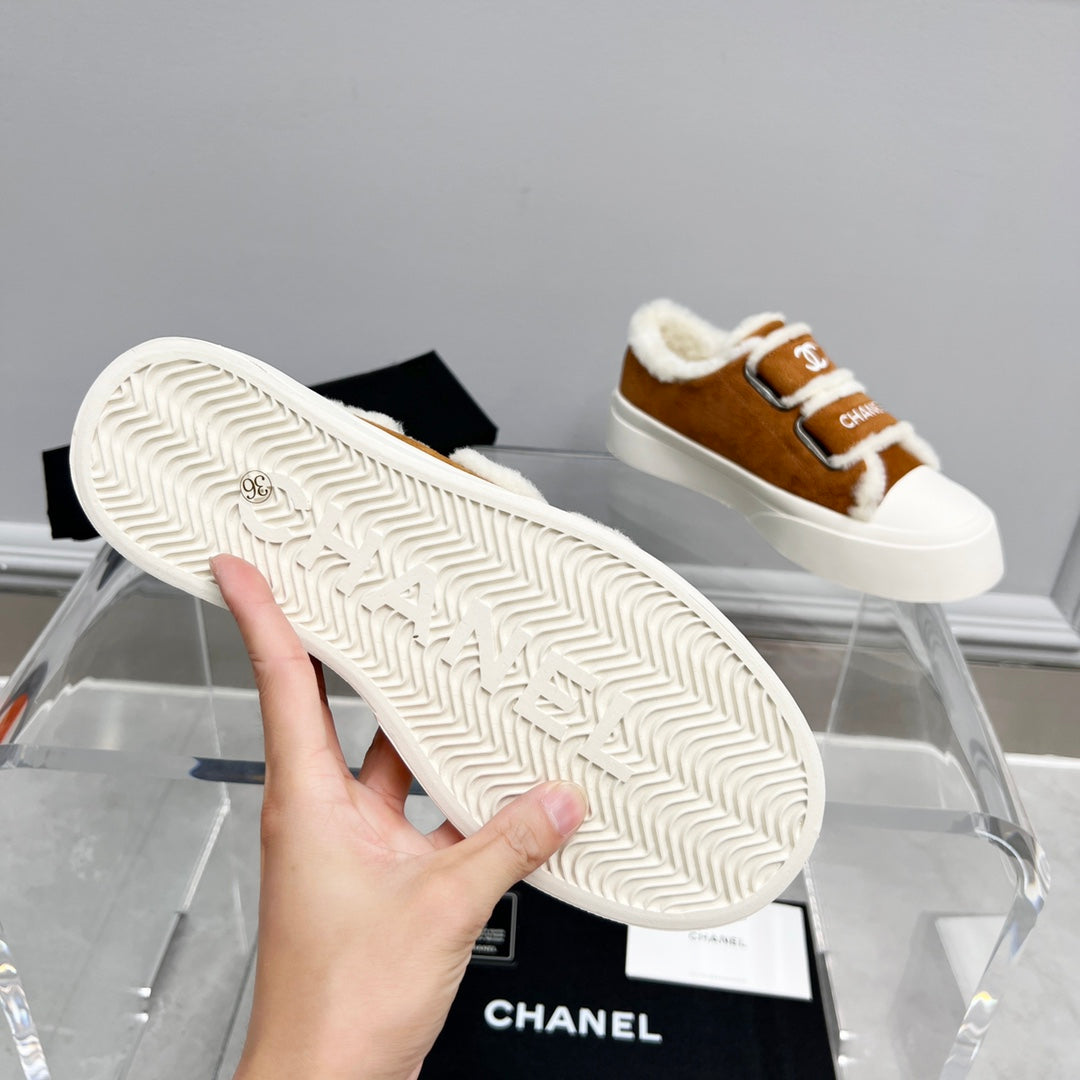 CC Sneaker Thick-Soled White Brown Suede Wool Lining Fleece