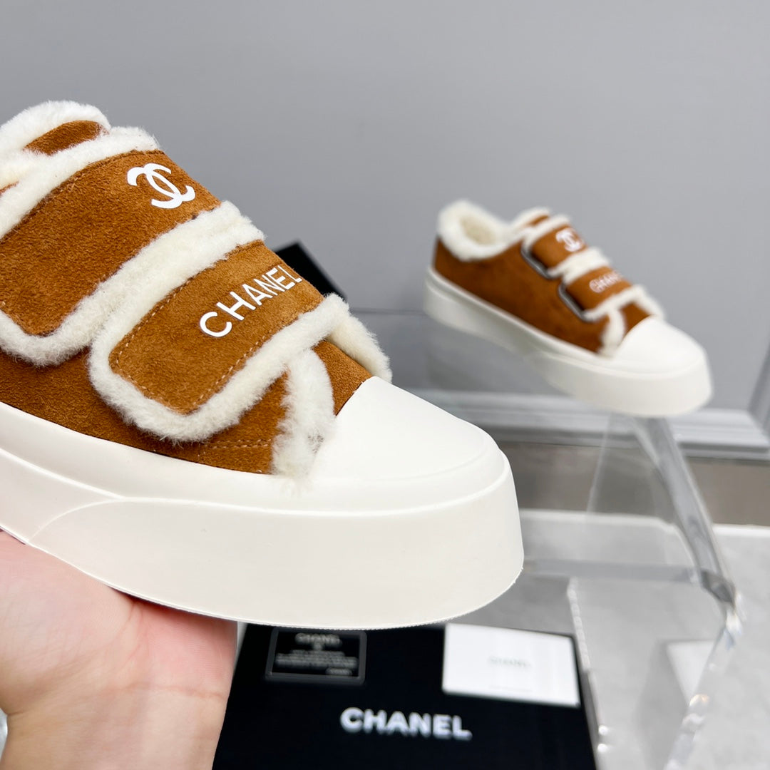 CC Sneaker Thick-Soled White Brown Suede Wool Lining Fleece