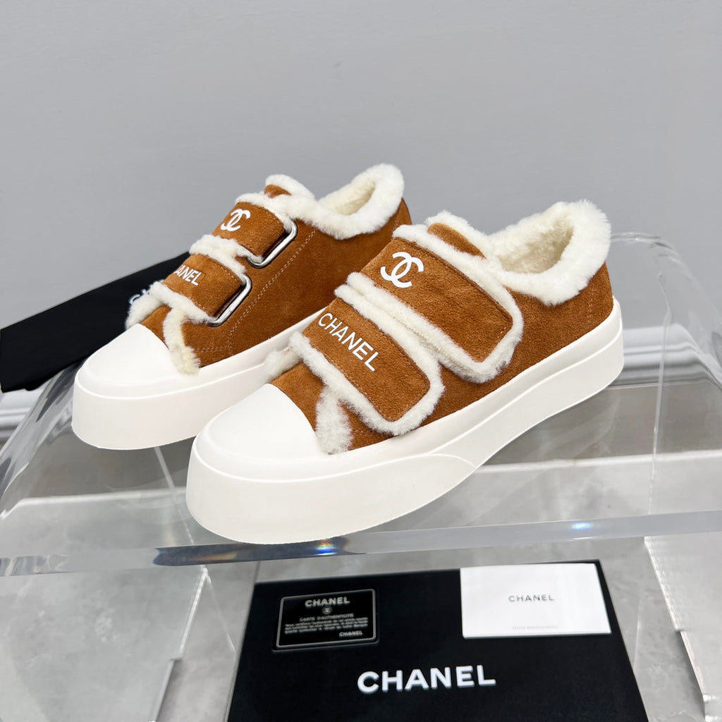 CC Sneaker Thick-Soled White Brown Suede Wool Lining Fleece