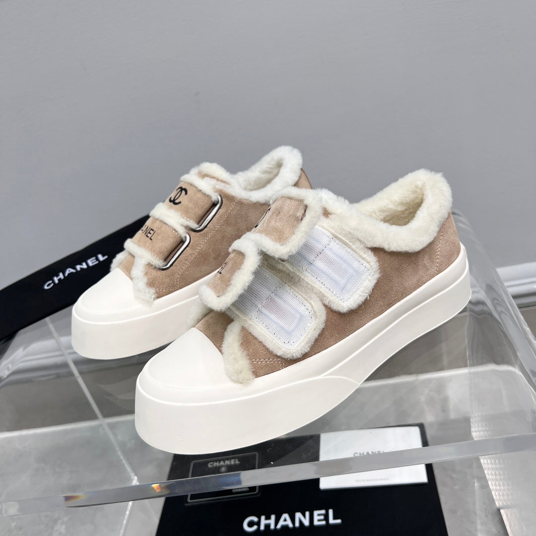 CC Sneaker Thick-Soled White Beige Suede Wool Lining Fleece