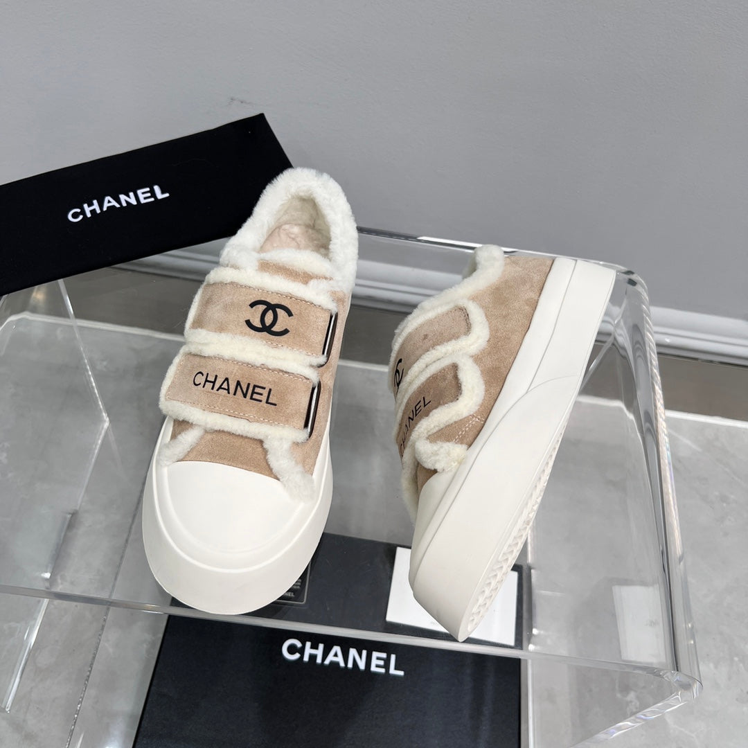 CC Sneaker Thick-Soled White Beige Suede Wool Lining Fleece