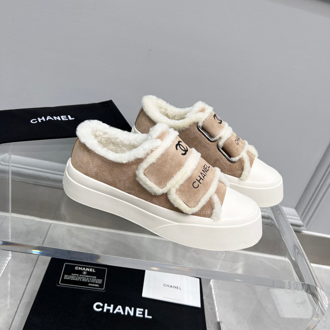 CC Sneaker Thick-Soled White Beige Suede Wool Lining Fleece