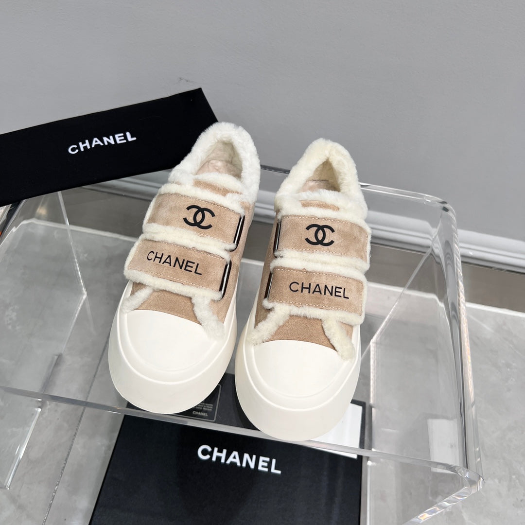 CC Sneaker Thick-Soled White Beige Suede Wool Lining Fleece