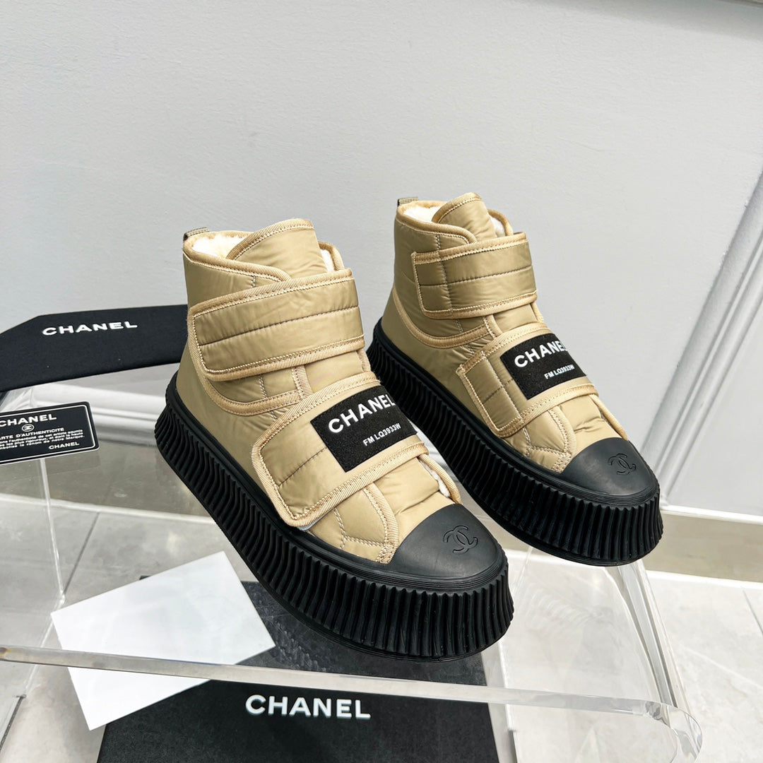 CC High Top Sneaker Thick-Soled Beige Rain Velvet Fabric