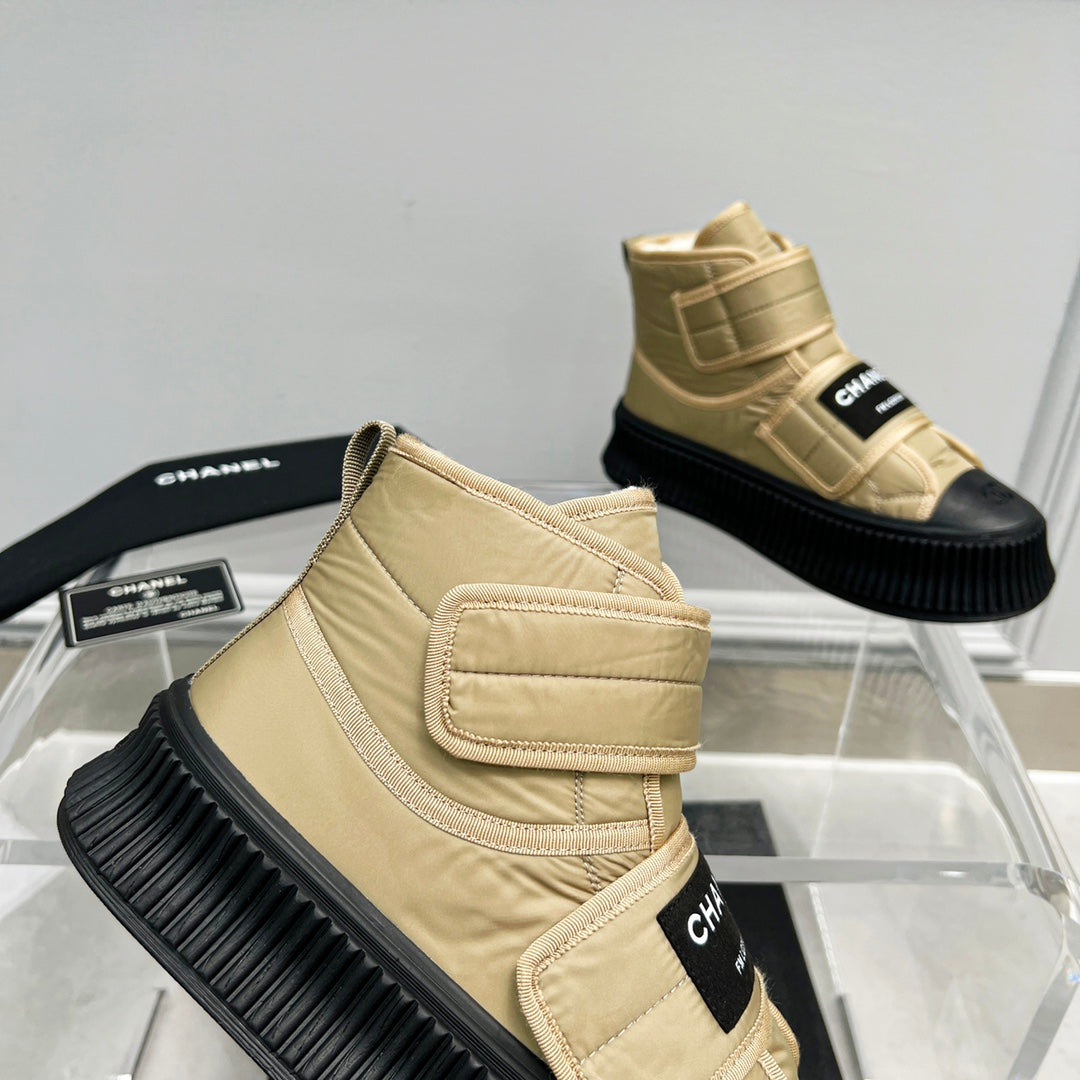 CC High Top Sneaker Thick-Soled Beige Rain Velvet Fabric