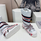 CD Platform Snow Boots White Navy Blue Cowhide Nylon Fabric 539652