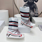 CD Platform Snow Boots White Navy Blue Cowhide Nylon Fabric 539652