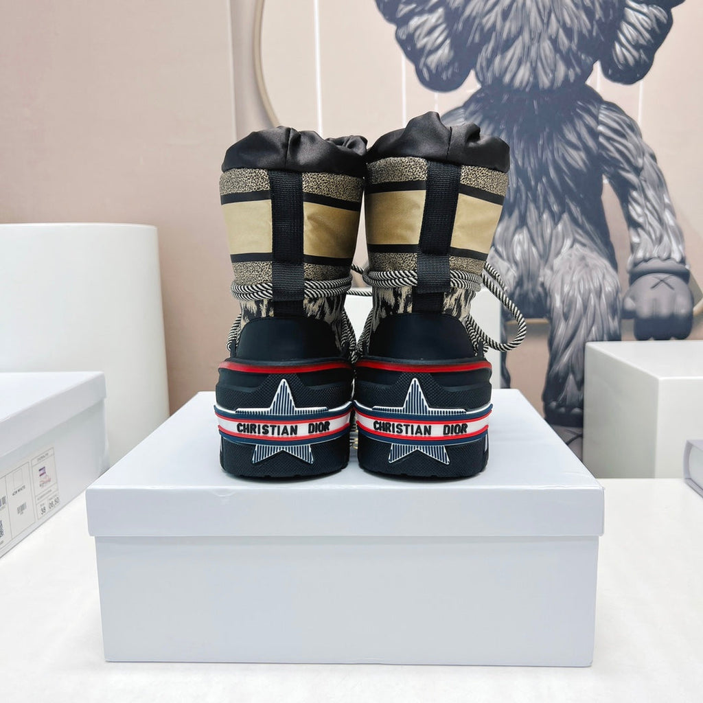 CD Snow Ankle Boots Black Beige Cowhide Nylon Fabric 539662
