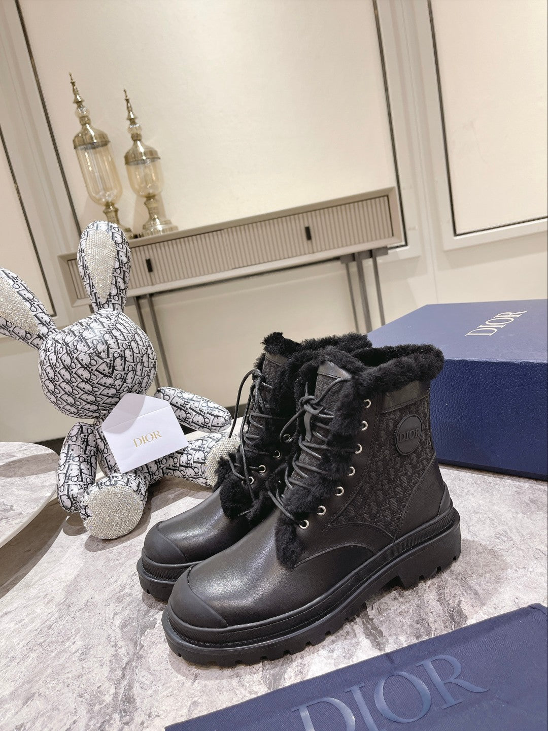 CD Explorer Ankle Boot 50mm Black Fleece Lining Oblique Jacquard Fabric And Cowhide