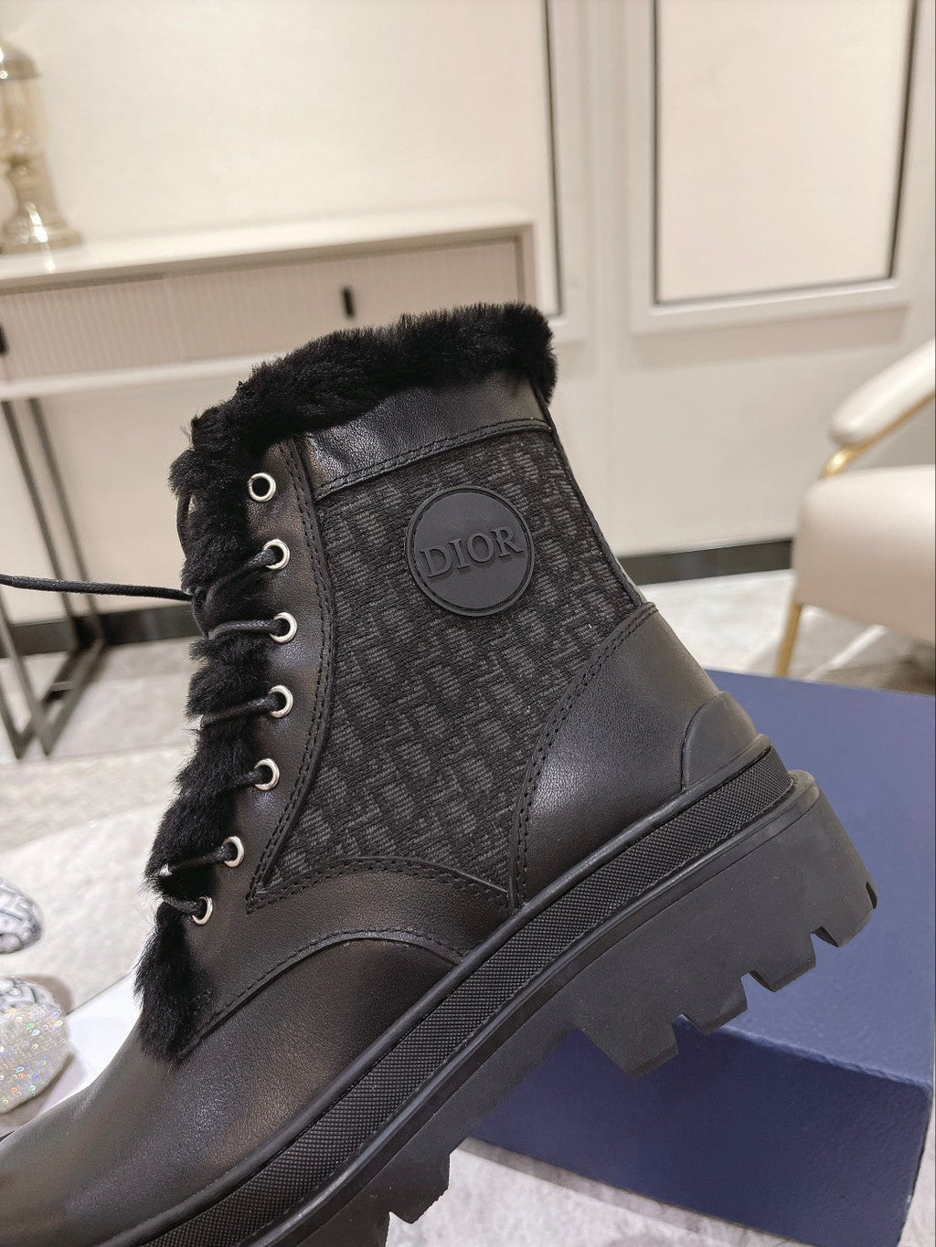 CD Explorer Ankle Boot 50mm Black Fleece Lining Oblique Jacquard Fabric And Cowhide