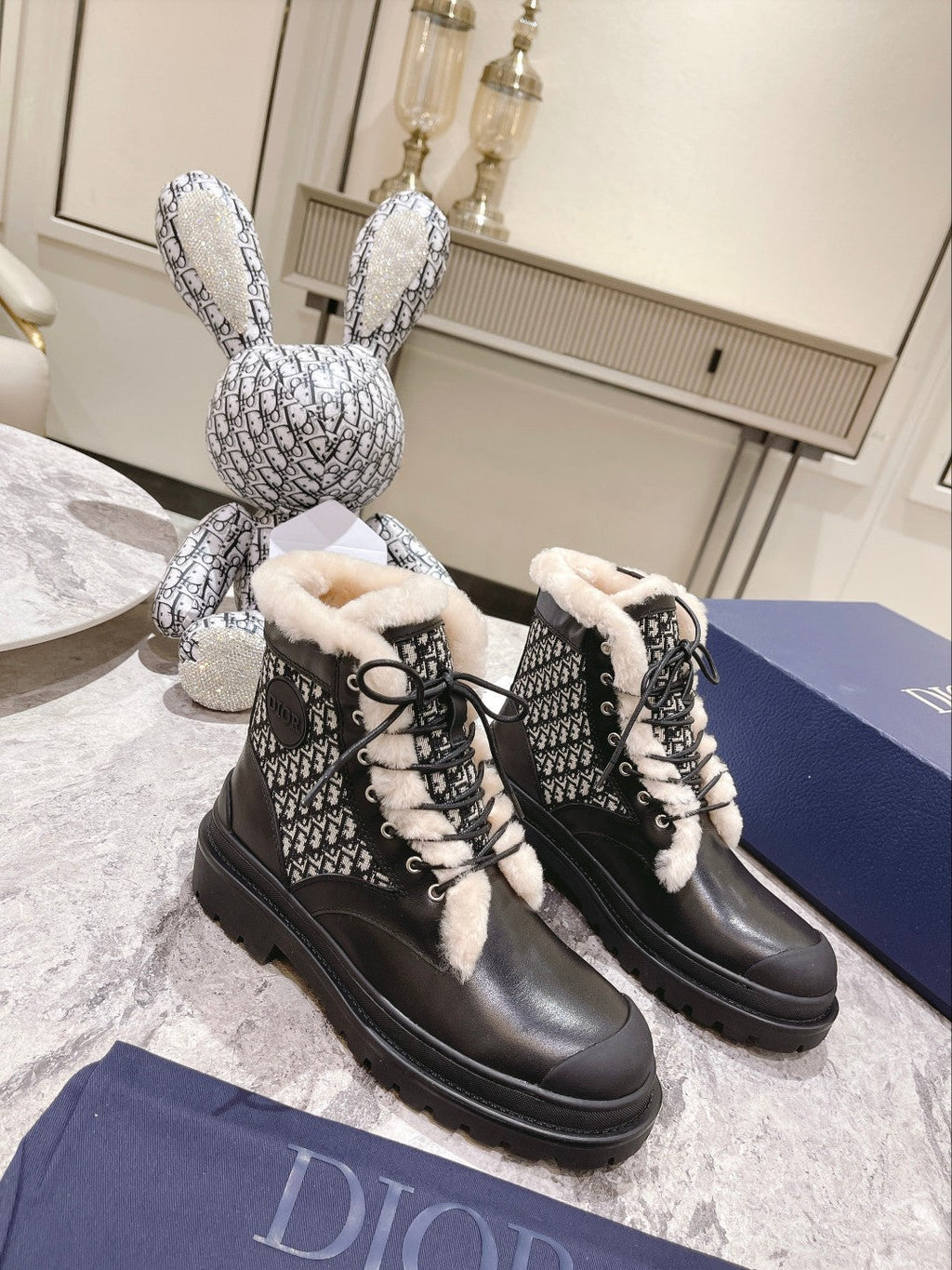 CD Explorer Ankle Boot 50mm Black White Fleece Lining Oblique Jacquard Fabric And Cowhide
