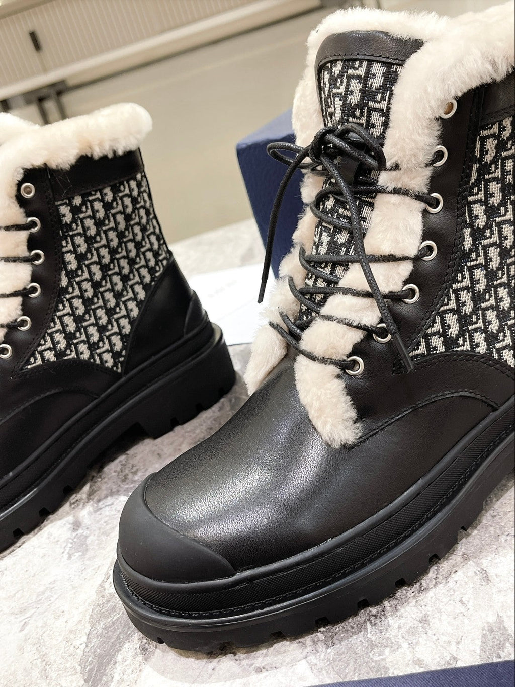 CD Explorer Ankle Boot 50mm Black White Fleece Lining Oblique Jacquard Fabric And Cowhide