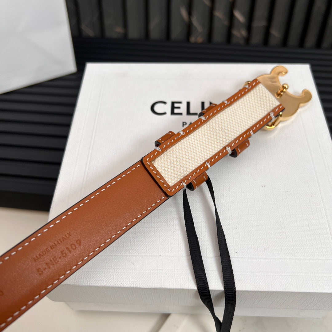 CEL 25mm Triomphe Belt in Taurillon Brown White Canvas 176292