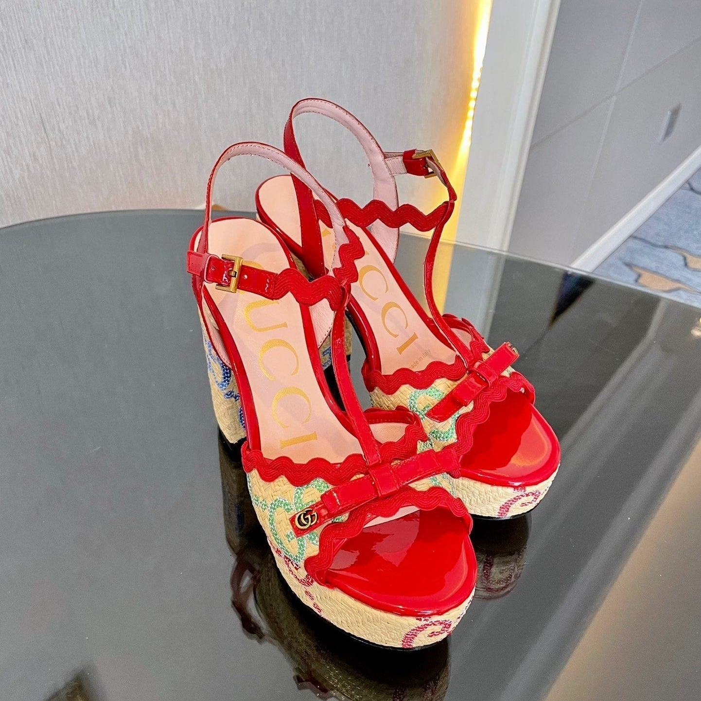 GG Kertu Platform Sandals 12cm Beige Red Raffia Leather 695694