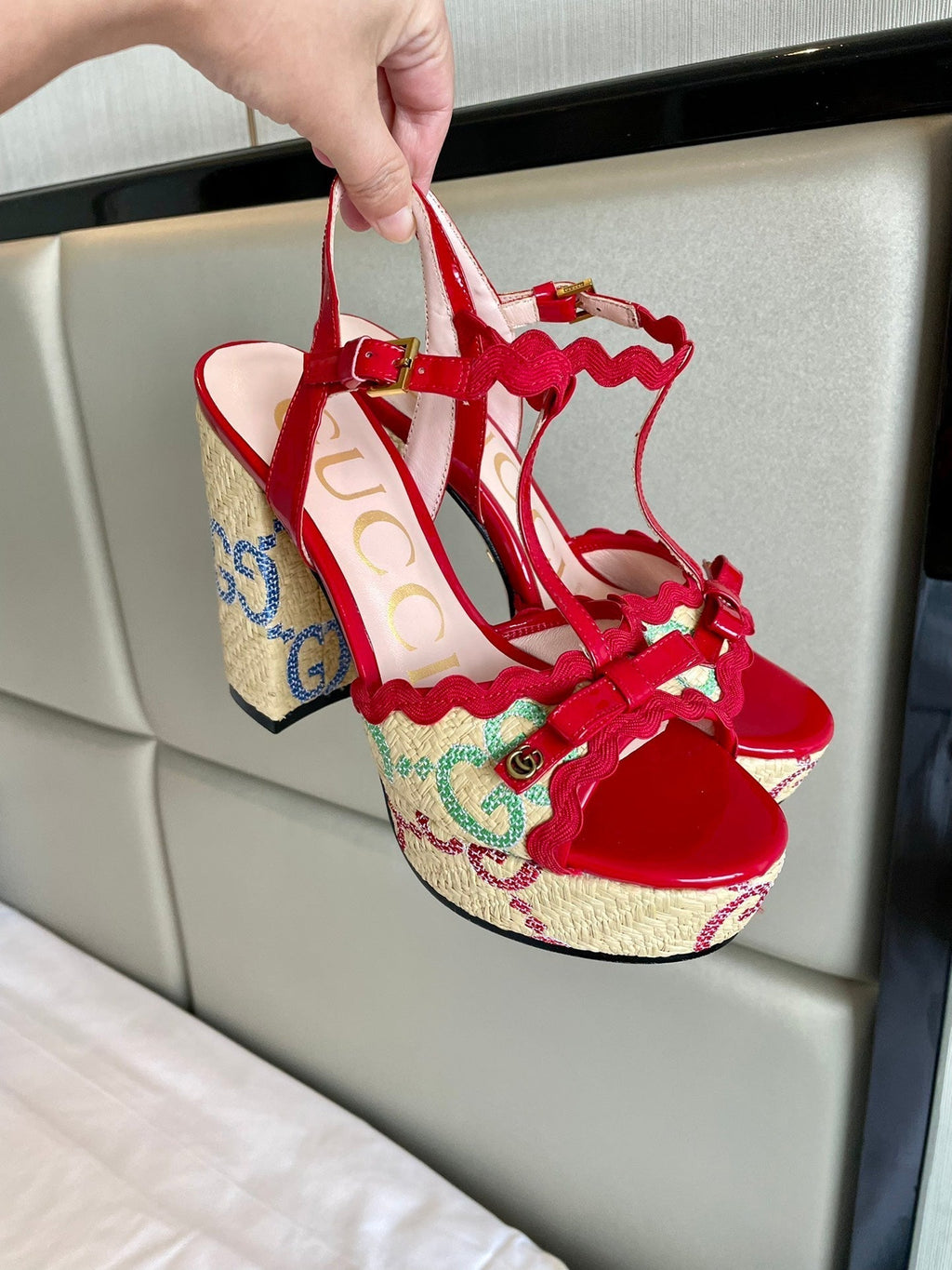 GG Kertu Platform Sandals 12cm Beige Red Raffia Leather 695694