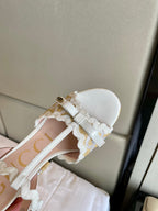 GG Kertu Platform Sandals 12cm Beige White Raffia Leather 695696