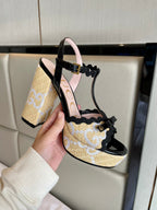 GG Kertu Platform Sandals 12cm Beige Black Raffia Leather 695697