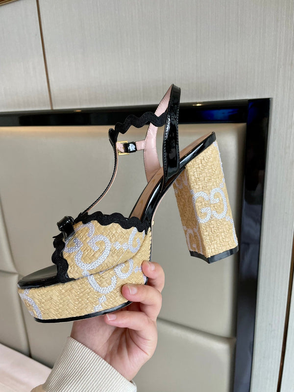 GG Kertu Platform Sandals 12cm Beige Black Raffia Leather 695697
