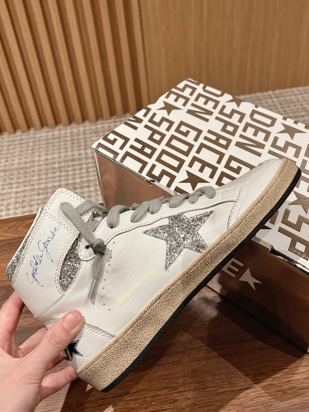 SKY-STAR SNEAKERS IN WHITE NAPPA LAMBSKIN WITH SILVER GLITTER STAR AND HEEL TAB