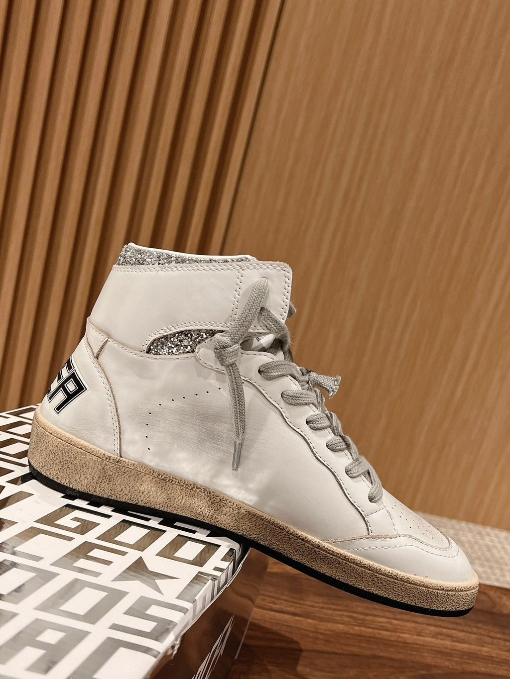 SKY-STAR SNEAKERS IN WHITE NAPPA LAMBSKIN WITH SILVER GLITTER STAR AND HEEL TAB