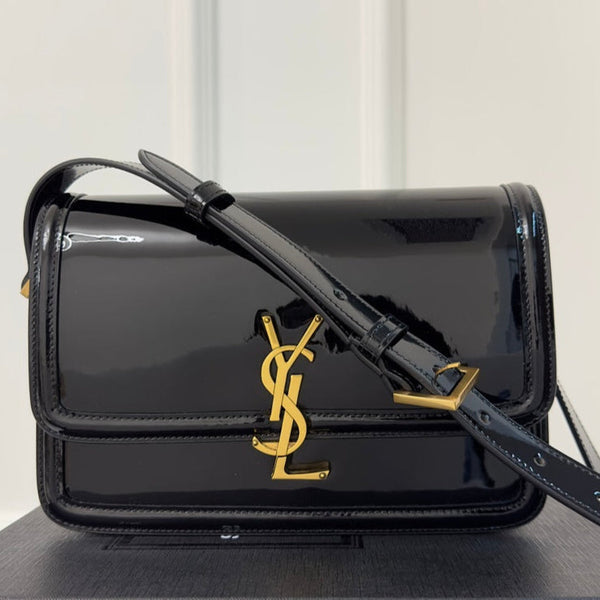 YSL Solferino Small Satchel Bag Black Gold Patent Leather 339430