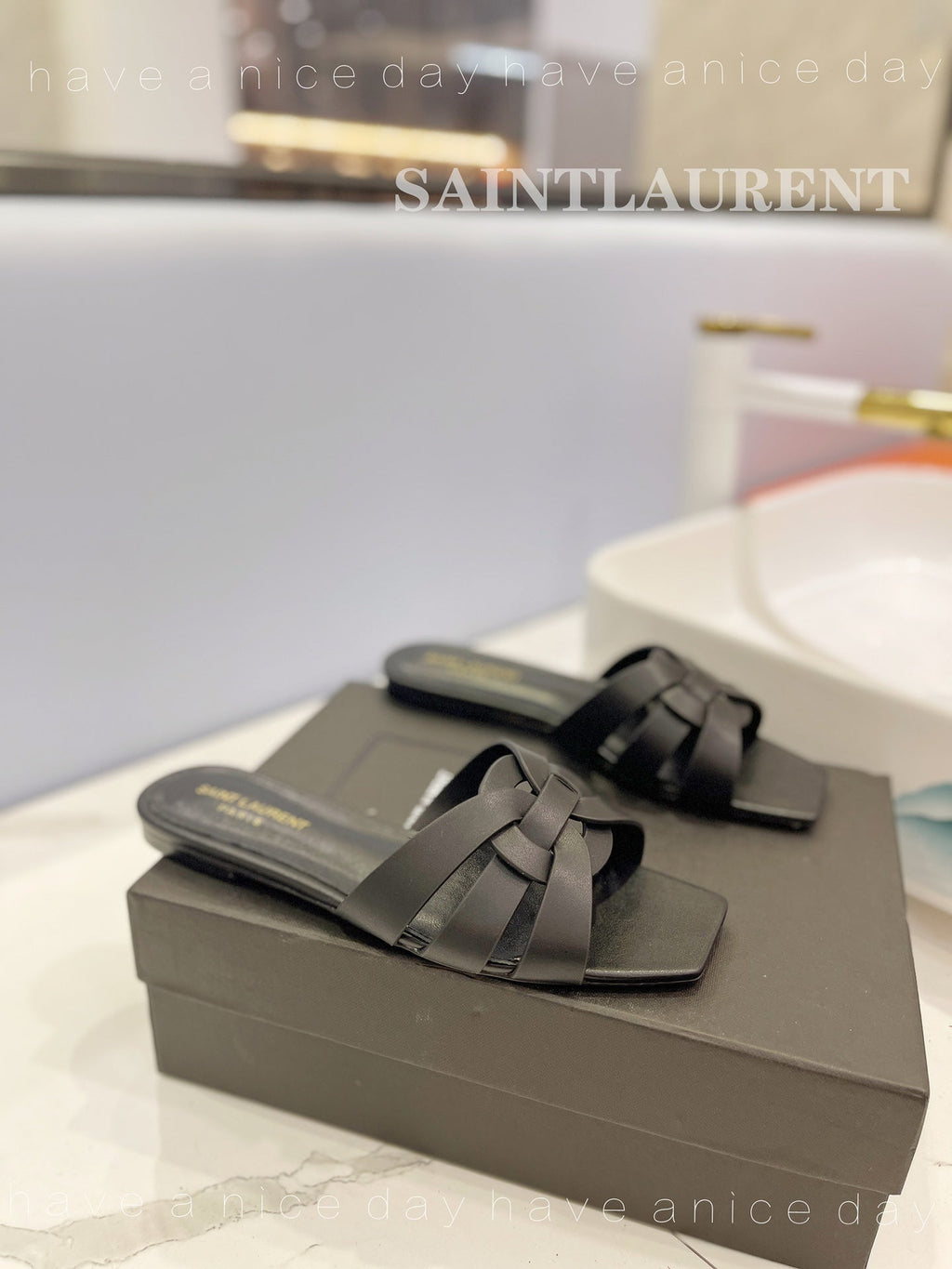 SL TRIBUTE SLIPPERS BLACK CALFSKIN