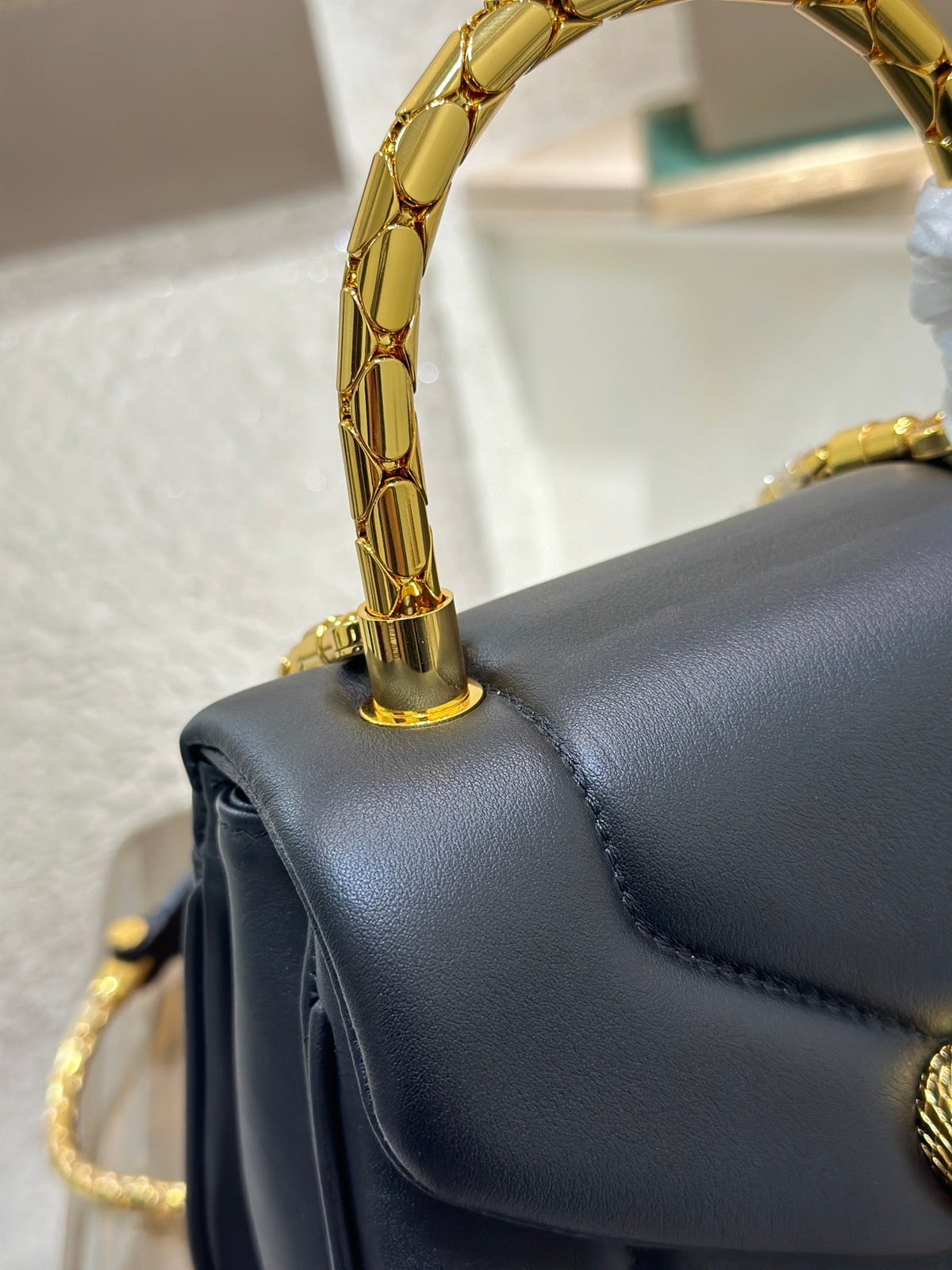 BVL Serpenti Reverse Top Handle 20cm Black Calfskin GHW 188564