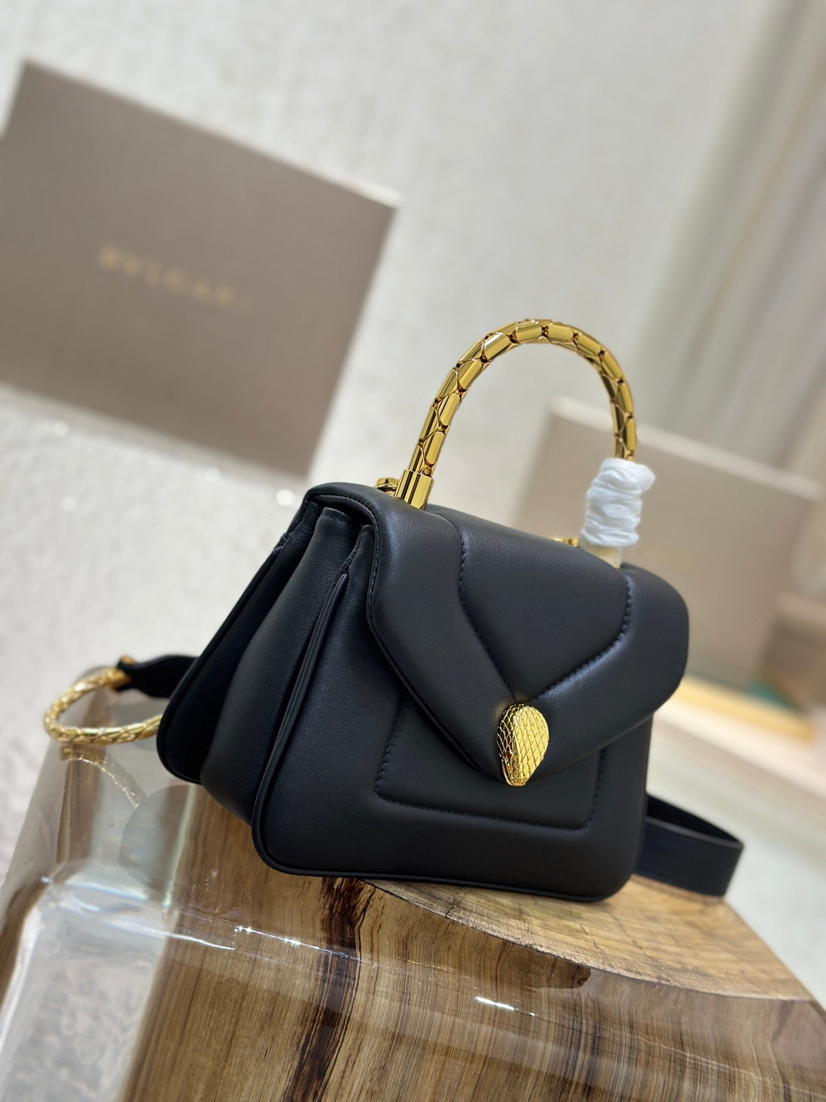 BVL Serpenti Reverse Top Handle 20cm Black Calfskin GHW 188564