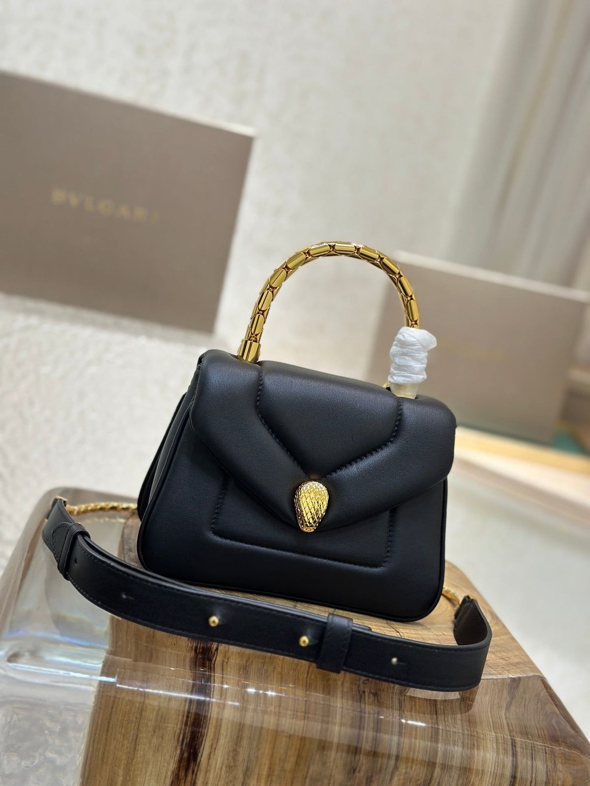 BVL Serpenti Reverse Top Handle 20cm Black Calfskin GHW 188564