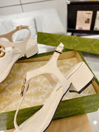 GC Double G Block Heel Thong Sandals White Leather 292408