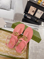 GC Double G Block Heel Thong Sandals Pink Leather 292409