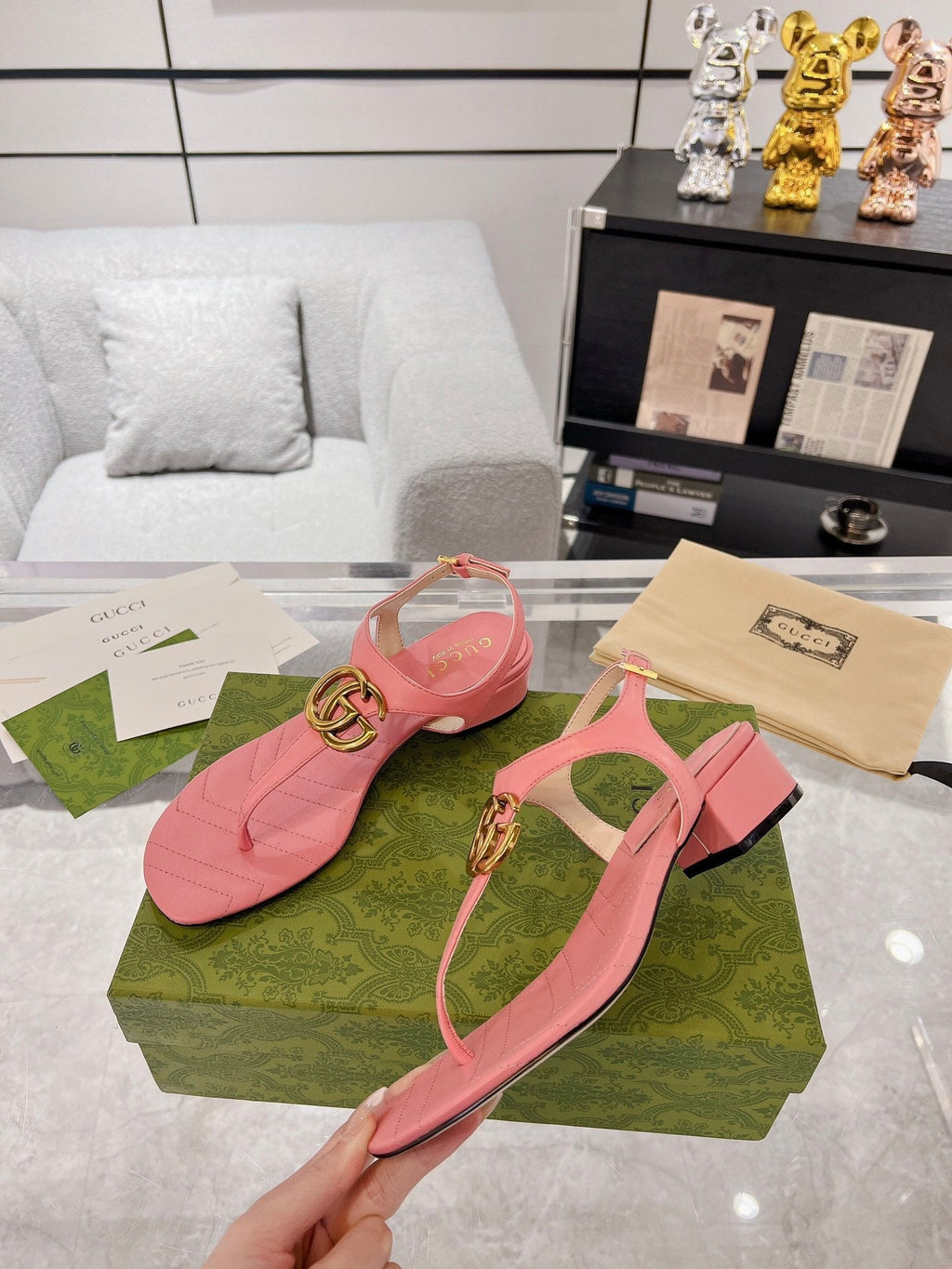 GC Double G Block Heel Thong Sandals Pink Leather 292409