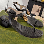 GC Double G Block Heel Thong Sandals Black Leather 292410