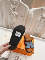 CHYPRE SANDAL BRIGHT BROWN LAMBSKIN AND BLUE DENIM