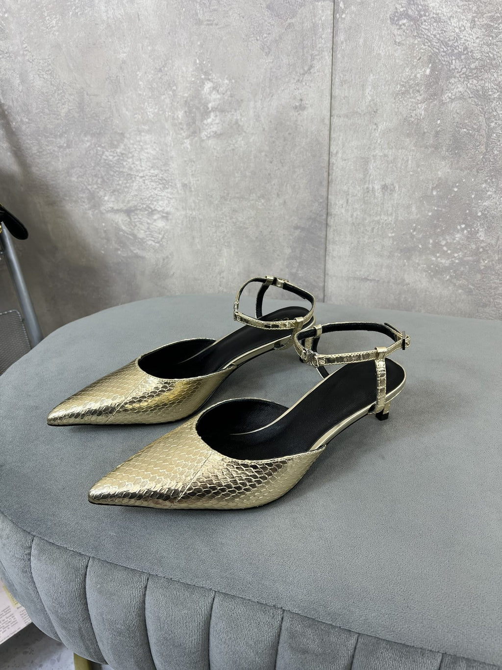 cl kitten with strap 45 gold lizard stamped metalized calfskin
