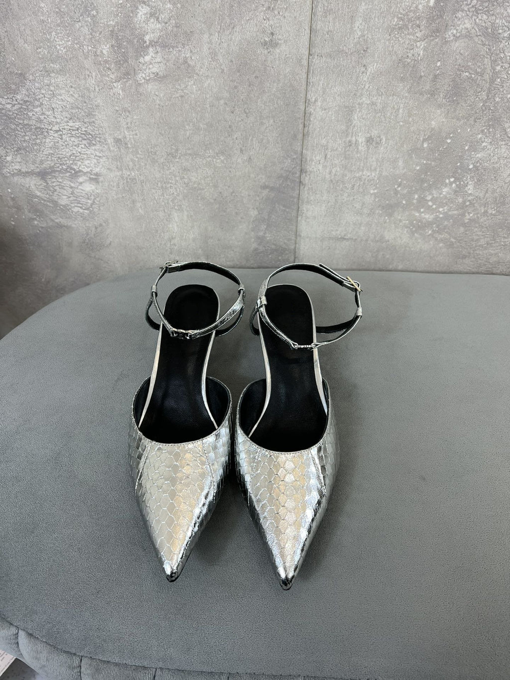 cl kitten with strap 45 platinum lizard stamped metalized calfskin