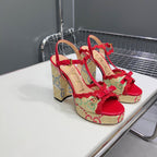 GG Platform Black Heel 105 Sandal Red Calfskin Beige Raffia