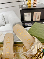 GG SPARKLE CRYSTAL SLIDE SANDAL METALLIC GOLD CALFSKIN