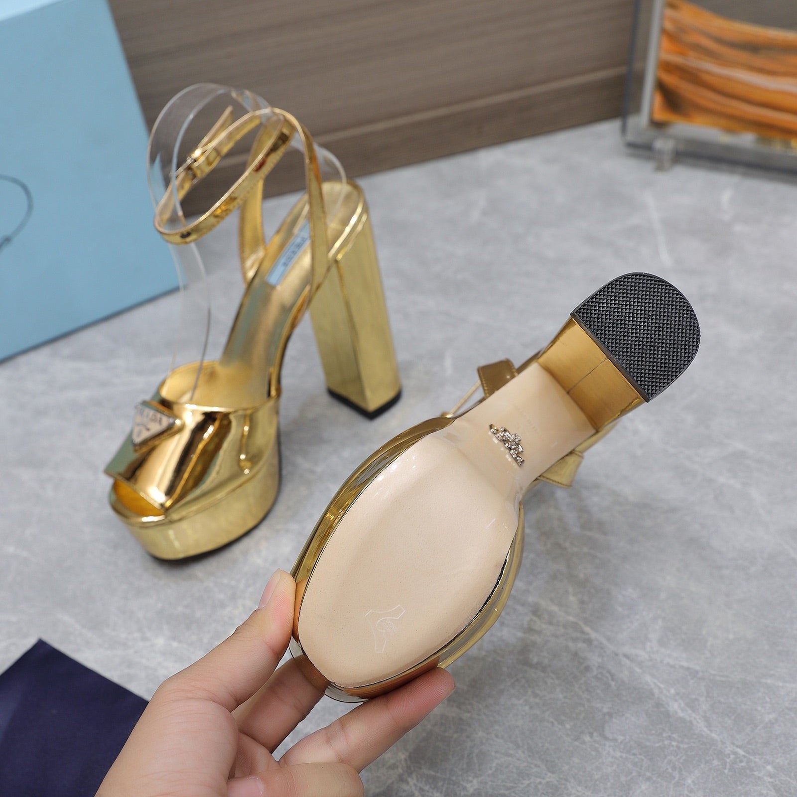 Prada Sandal 130mm Gold Patent Leather