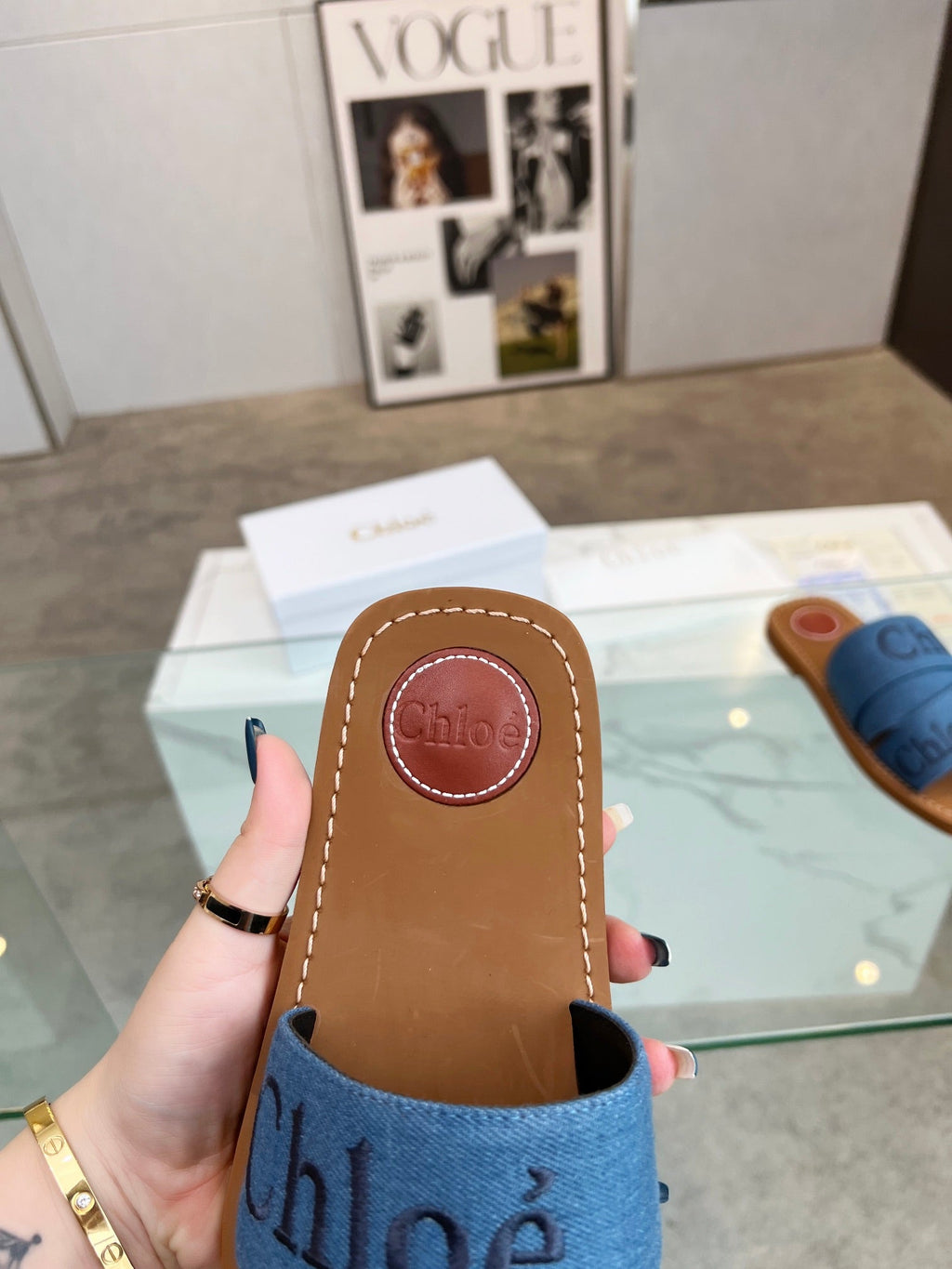 CHLOÉ WOODY MULE IN COBALT BLUE DENIM WITH EMBROIDERED LOGO