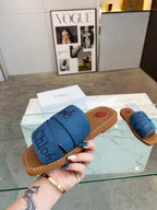 CHLOÉ WOODY MULE IN COBALT BLUE DENIM WITH EMBROIDERED LOGO